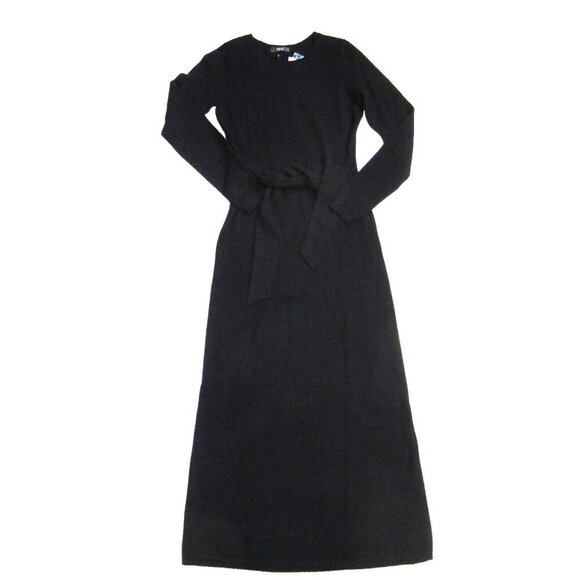 NWT Aqua Cashmere Tie Waist Midi in Black Crew Neck Sweater Dress XS $198 - Picture 1 of 8